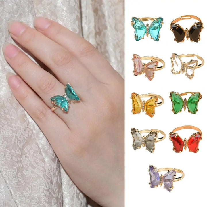 Women Ring Butterfly Shape Clear Rhinestone Opening Adjustable Ring Jewelry Polished Bride Wedding Party Prom Lady Finger Ring W